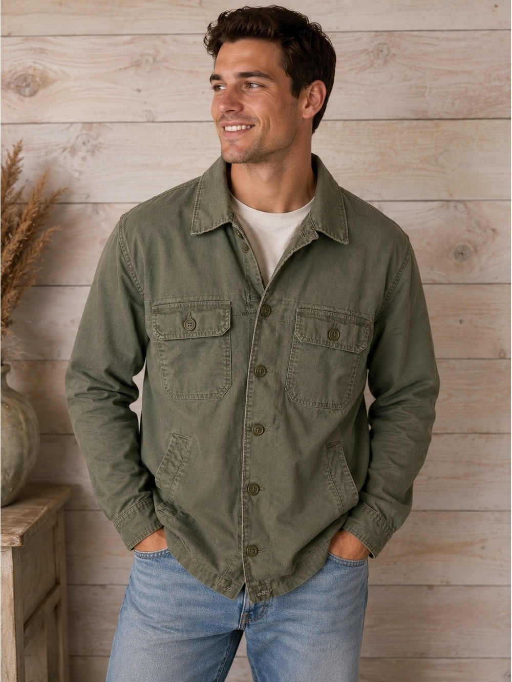 Abercrombie & Fitch Men's Olive Green Button-Up Jacket Size L